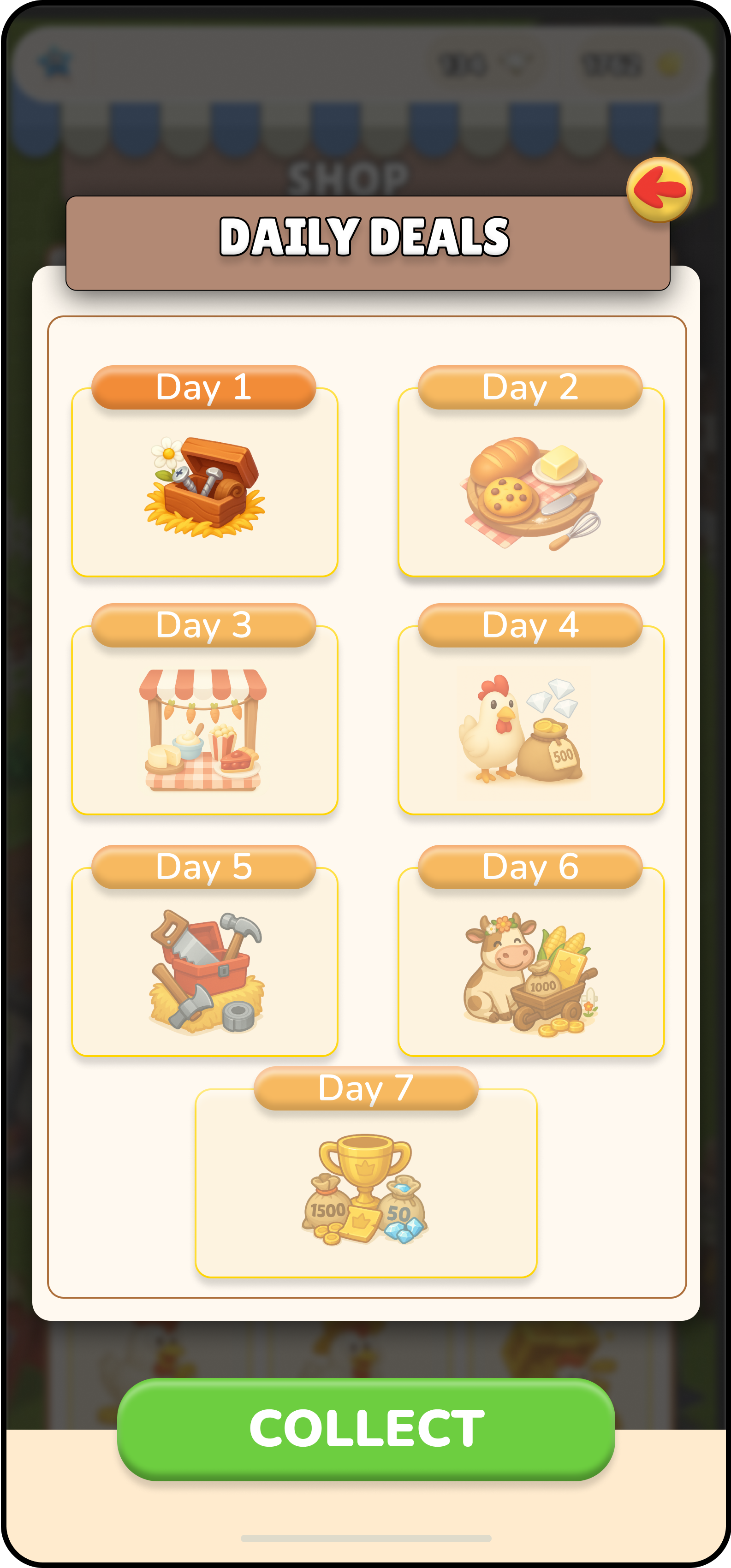 Hay Day store redesign screen highlighting daily deals